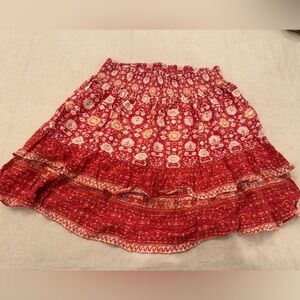 Women’s Red Floral Smocked Spring/Summer Skirt Block Printed Size Medium